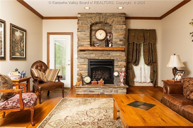 2804 Hash Ridge Rd, Barboursville, WV 25504 - living room with baseboards, ornamental molding, wood finished floors, and a fireplace