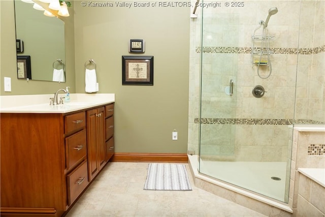 2804 Hash Ridge Rd, Barboursville, WV 25504 - full bathroom featuring baseboards, a shower stall, tile patterned flooring, and vanity