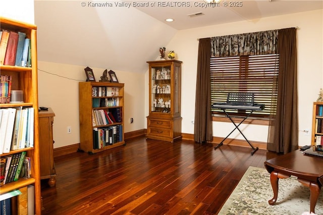 2804 Hash Ridge Rd, Barboursville, WV 25504 - sitting room with baseboards, visible vents, wood-type flooring, and lofted ceiling