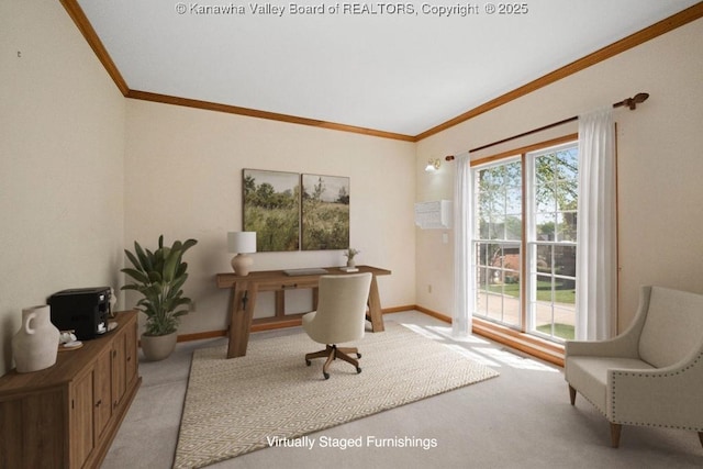 129 Leslie Dr, Scott Depot, WV 25560 - office area featuring carpet floors, ornamental molding, and baseboards