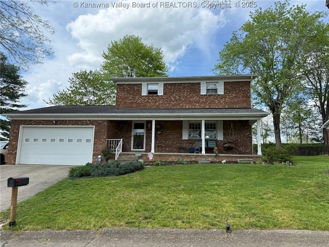 traditional-style home with a garage, a front lawn, brick siding, concrete driveway, and a porch