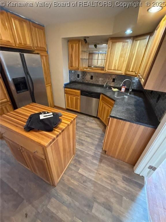 405 Crestview Dr, Charleston, WV 25302 - kitchen with decorative backsplash, a sink, appliances with stainless steel finishes, and butcher block counters