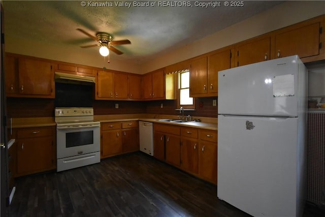 kitchen with white appliances, ceiling fan, under cabinet range hood, brown cabinets, and a sink