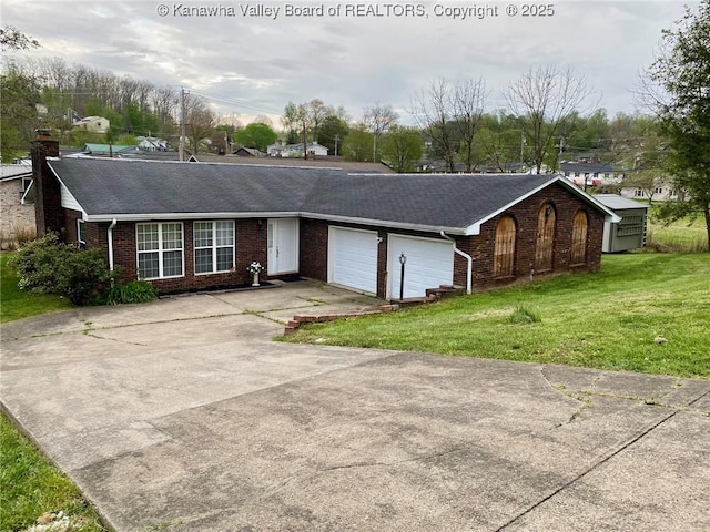 ranch-style home featuring a front lawn, brick siding, roof with shingles, and a garage