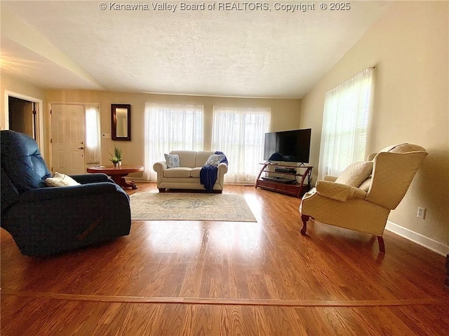 living room featuring baseboards, lofted ceiling, a textured ceiling, and wood finished floors