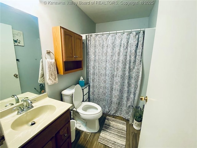 full bathroom with toilet, a shower with curtain, vanity, and wood finished floors