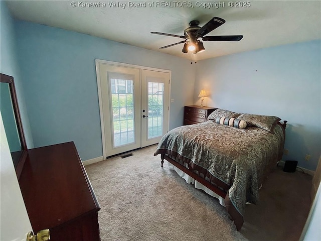 bedroom with access to outside, french doors, baseboards, and light carpet