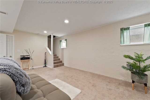 2258 Curtis Ave, Saint Albans, WV 25177 - carpeted living room with stairway, visible vents, and recessed lighting