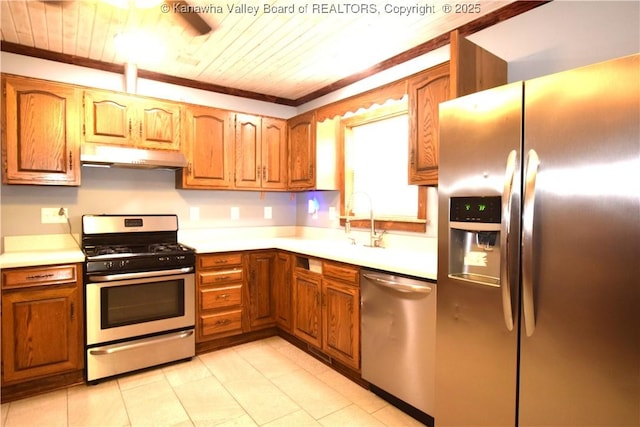 kitchen with wood ceiling, brown cabinetry, under cabinet range hood, light countertops, and appliances with stainless steel finishes