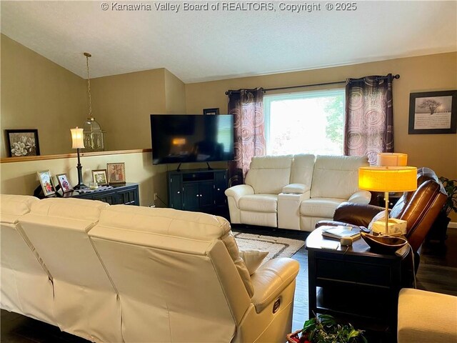 living area featuring lofted ceiling and wood finished floors