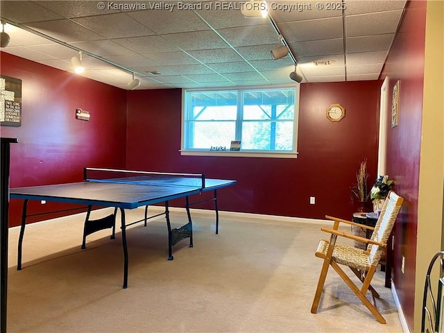 rec room featuring track lighting, baseboards, and carpet floors