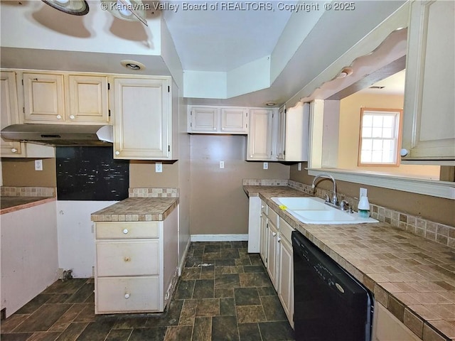 728 98th St, Charleston, WV 25315 - kitchen with stone finish floor, black dishwasher, a sink, and under cabinet range hood