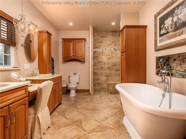 2648 Bedford Chapel, Milton, WV 25541 - full bath featuring vanity, a freestanding bath, a tile shower, toilet, and recessed lighting