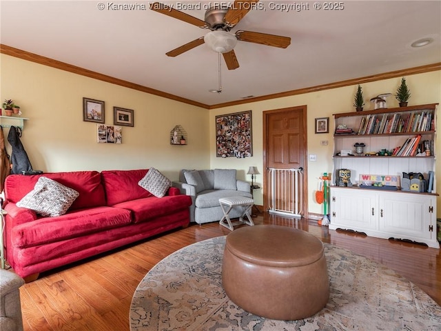 2648 Bedford Chapel, Milton, WV 25541 - living area with ceiling fan, crown molding, and wood finished floors