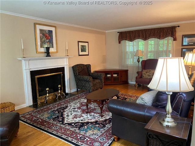1407 Longridge Rd, Charleston, WV 25314 - living area with wood finished floors, crown molding, and a fireplace with flush hearth