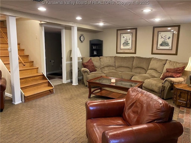 1407 Longridge Rd, Charleston, WV 25314 - carpeted living room featuring stairs, recessed lighting, and baseboards