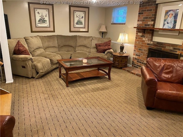 1407 Longridge Rd, Charleston, WV 25314 - living area featuring carpet flooring and a brick fireplace