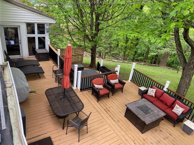 1407 Longridge Rd, Charleston, WV 25314 - wooden terrace featuring an outdoor hangout area, a lawn, and outdoor dining space
