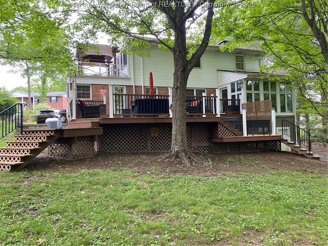 1407 Longridge Rd, Charleston, WV 25314 - back of house featuring stairs, a sunroom, brick siding, and a wooden deck