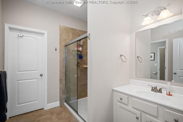 bathroom with a shower stall and vanity