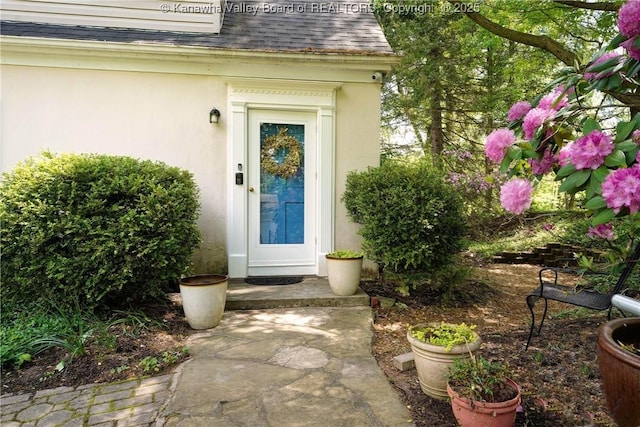 1518 Dogwood Rd, Charleston, WV 25314 - doorway to property with roof with shingles and stucco siding