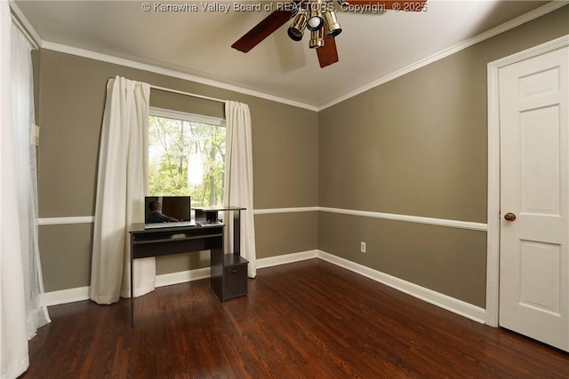 1518 Dogwood Rd, Charleston, WV 25314 - unfurnished office featuring ceiling fan, dark wood-type flooring, baseboards, and crown molding