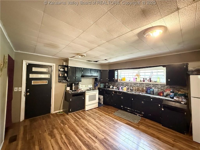 12027 Chap Rd, Wv, WV 25204 - kitchen with white appliances, dark cabinetry, wood finished floors, a sink, and crown molding