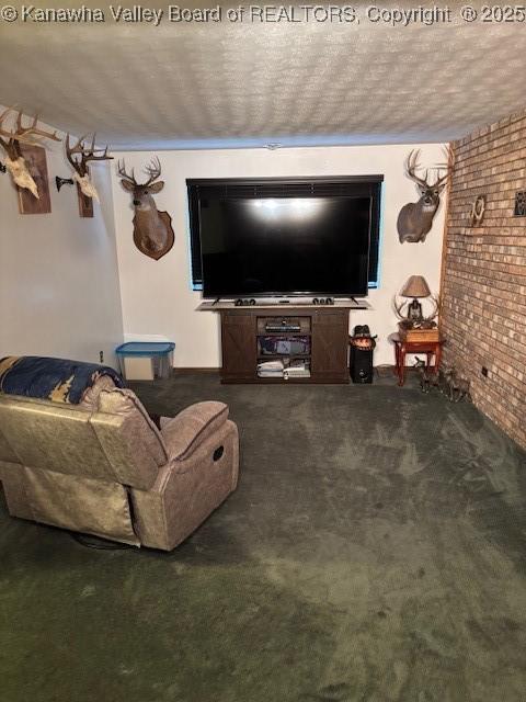 5222 Dalewood Dr, Charleston, WV 25313 - carpeted living room with brick wall and a textured ceiling
