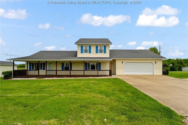 view of front of house featuring covered porch, driveway, an attached garage, and a front yard