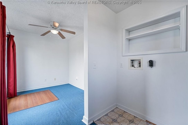 laundry room featuring washer hookup, a ceiling fan, baseboards, carpet flooring, and a textured ceiling