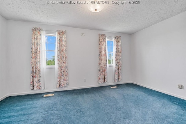 unfurnished room featuring healthy amount of natural light, carpet floors, a textured ceiling, and baseboards