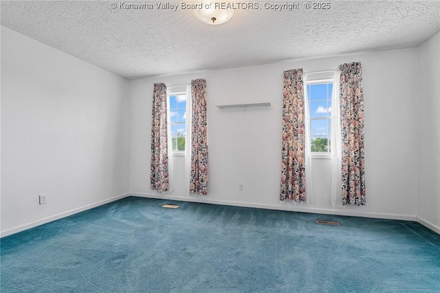 empty room featuring plenty of natural light, a textured ceiling, carpet floors, and baseboards