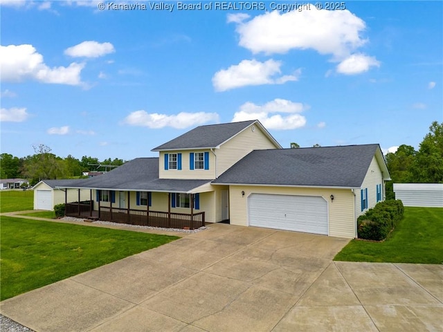 view of front of home featuring a porch, an attached garage, a front lawn, concrete driveway, and roof with shingles