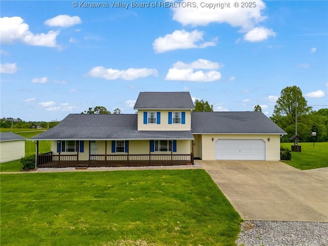 view of front of house with covered porch, an attached garage, driveway, and a front lawn