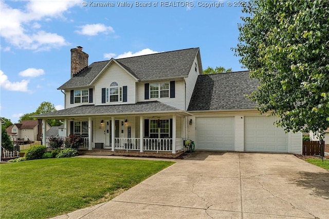 view of front of property featuring covered porch, a garage, driveway, a chimney, and roof with shingles