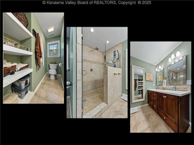 full bathroom featuring a stall shower, baseboards, vanity, and toilet