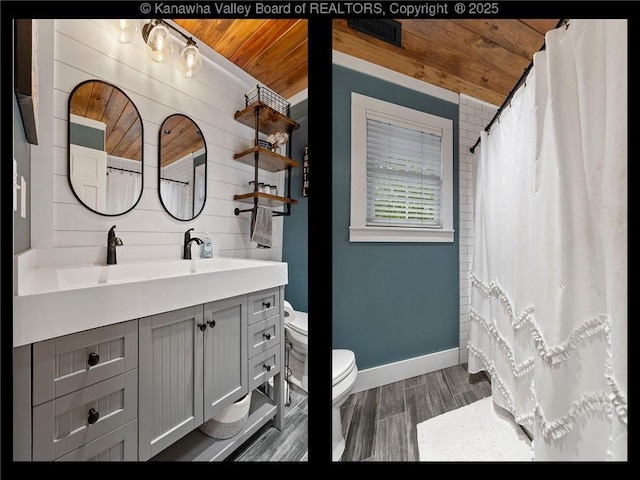bathroom with toilet, vanity, baseboards, wood finished floors, and wooden walls