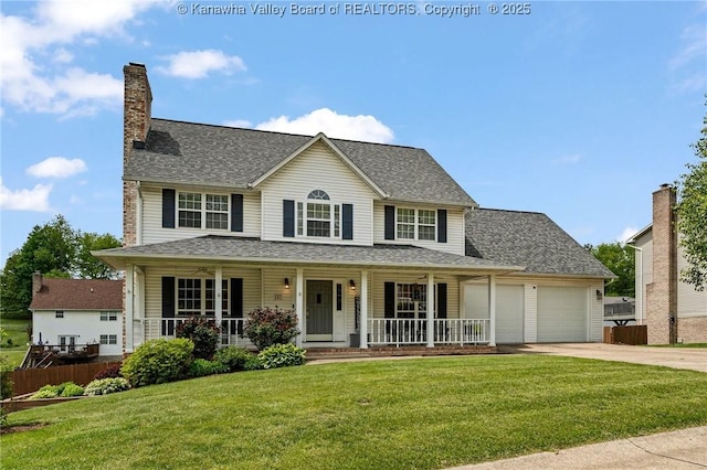 view of front of house featuring covered porch, concrete driveway, a garage, a chimney, and a shingled roof
