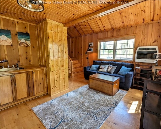 6531 Lockbridge Rd, Wv, WV 25976 - living area featuring heating unit, wood walls, wooden ceiling, beam ceiling, and hardwood / wood-style flooring