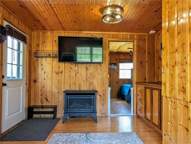 6531 Lockbridge Rd, Wv, WV 25976 - entryway with healthy amount of natural light, wood ceiling, a fireplace, wood finished floors, and wood walls