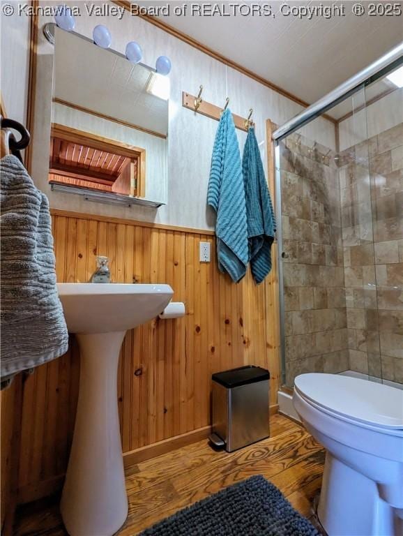 6531 Lockbridge Rd, Wv, WV 25976 - full bath with wood finished floors, a shower stall, crown molding, toilet, and wood walls