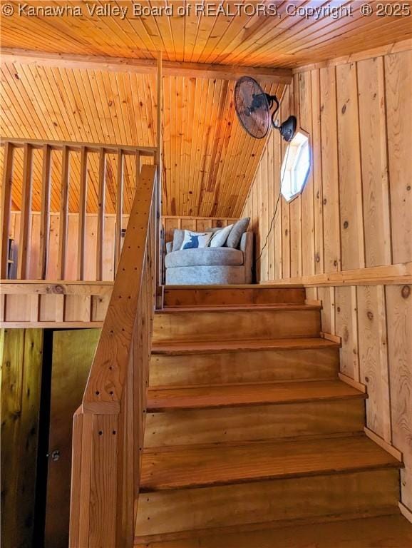 6531 Lockbridge Rd, Wv, WV 25976 - stairs with wood ceiling and wooden walls