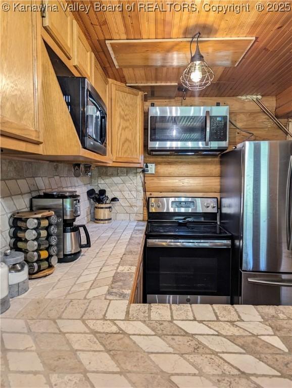 6531 Lockbridge Rd, Wv, WV 25976 - kitchen featuring appliances with stainless steel finishes, wood ceiling, tile counters, decorative backsplash, and pendant lighting