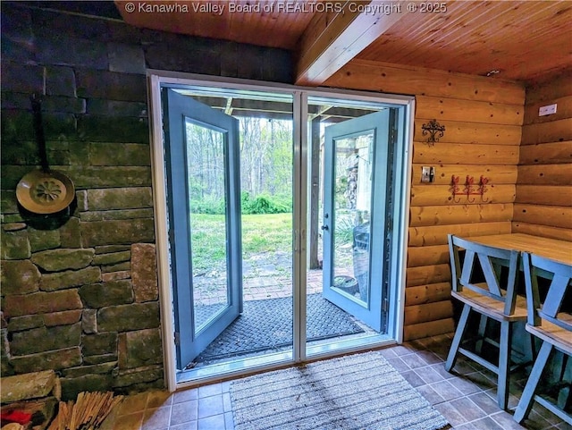 6531 Lockbridge Rd, Wv, WV 25976 - doorway featuring wooden ceiling, tile patterned floors, and rustic walls