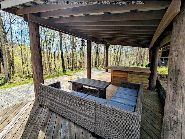 6531 Lockbridge Rd, Wv, WV 25976 - wooden deck featuring a ceiling fan and a forest view