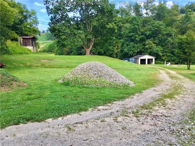 728 Honeycutt Rd, Fraziers Bottom, WV 25082 - view of grassy yard featuring an outdoor structure, a garage, an outbuilding, and driveway