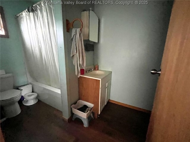 5860 Union Campground Rd, Letart, WV 25253 - full bath featuring toilet, vanity, wood finished floors, and shower / bath combo