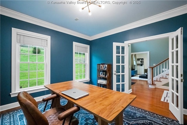 12 W Coventry Rd, South Charleston, WV 25309 - office with french doors, crown molding, wood finished floors, baseboards, and a chandelier