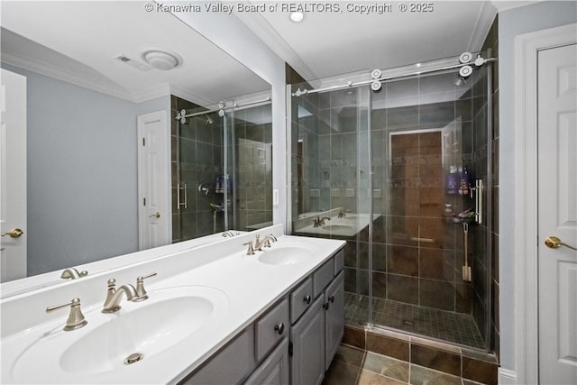 12 W Coventry Rd, South Charleston, WV 25309 - bathroom featuring ornamental molding, a stall shower, and double vanity