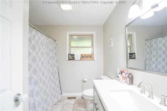 2611 Larwood Dr, Charleston, WV 25302 - bathroom featuring toilet, vanity, tile patterned floors, baseboards, and a shower with shower curtain